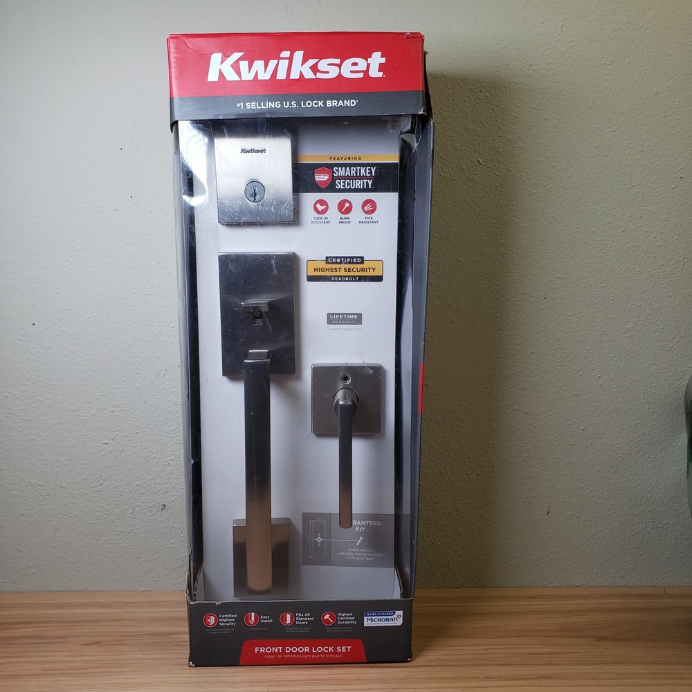 Kwikset SmartKey Security Front Door Handle Lock Set Satin Nickel Finish NEW‎